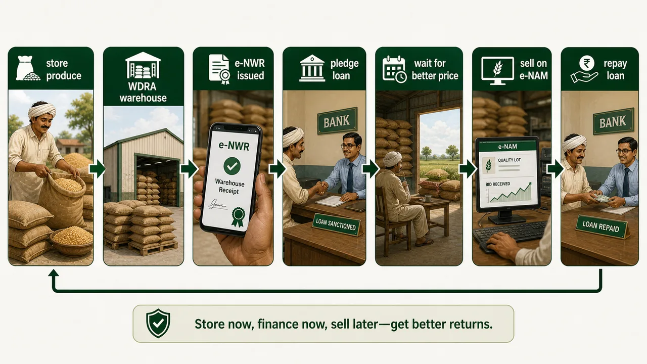 e-NWR workflow showing stored produce in WDRA warehouse, electronic warehouse receipt, pledge loan, waiting for better price, sale on e-NAM, and loan repayment