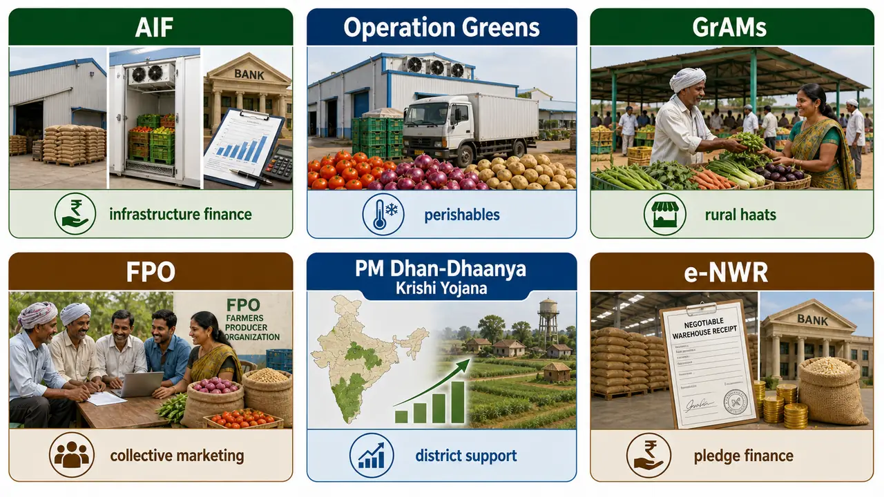 Comparison board for AIF, Operation Greens, GrAMs, FPO scheme, PM Dhan-Dhaanya Krishi Yojana, and e-NWR in agricultural marketing