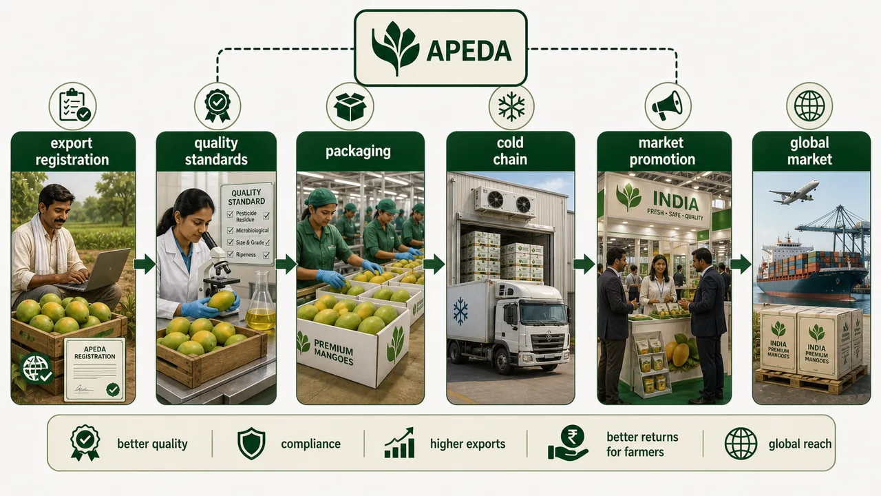APEDA export-support pipeline showing export registration, quality standards, packaging, cold chain, market promotion, and access to global markets