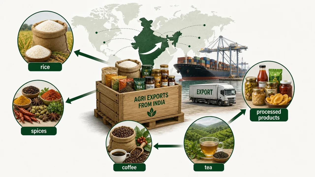 India agricultural export basket diagram showing a mix of rice, spices, coffee, tea, and processed products in the export composition