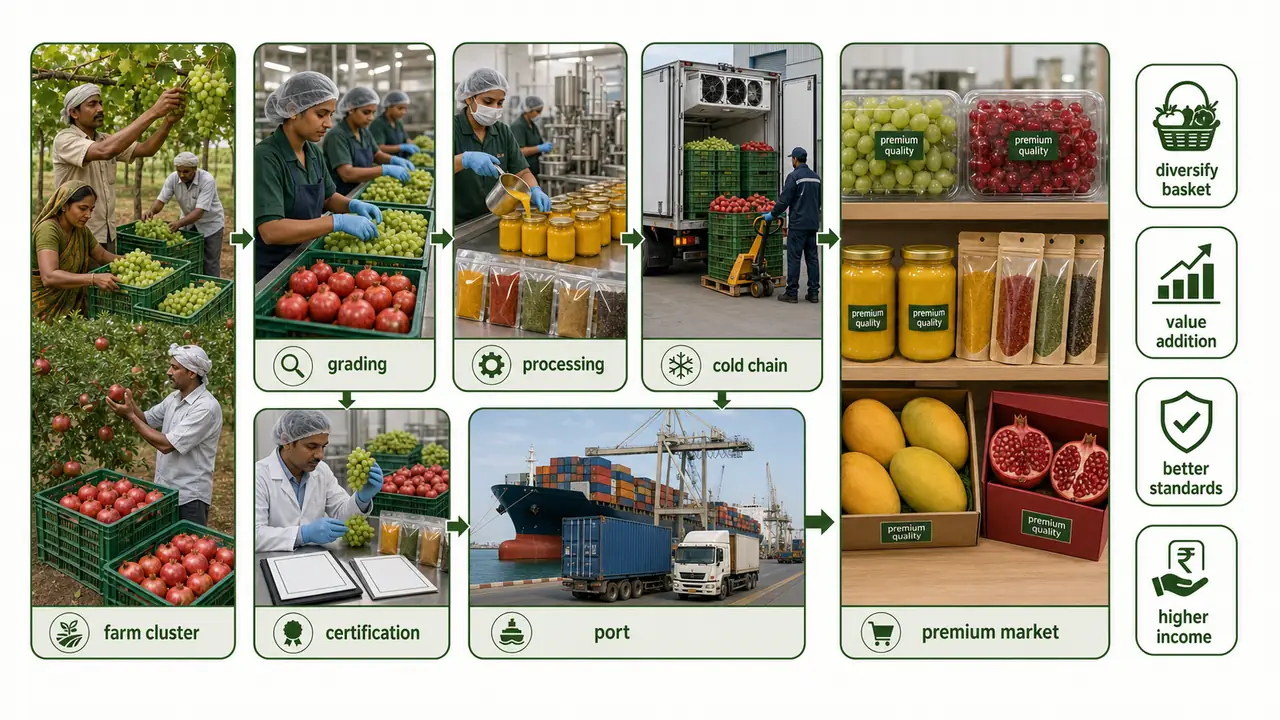 Agricultural export policy pipeline showing diversification, value addition, certification, cold chain, port logistics, and premium export markets