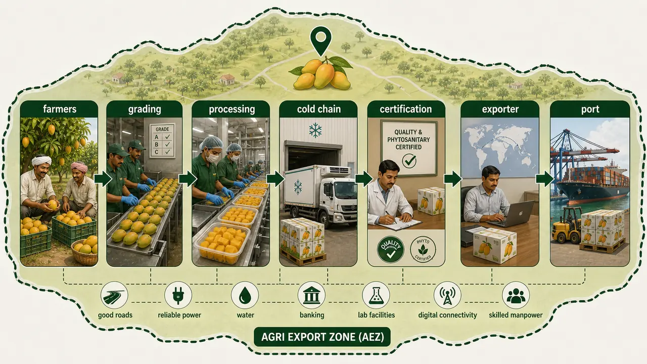 Agri Export Zone cluster diagram showing farmers, grading, processing, cold chain, certification, exporter, and port linked inside one commodity-based export zone