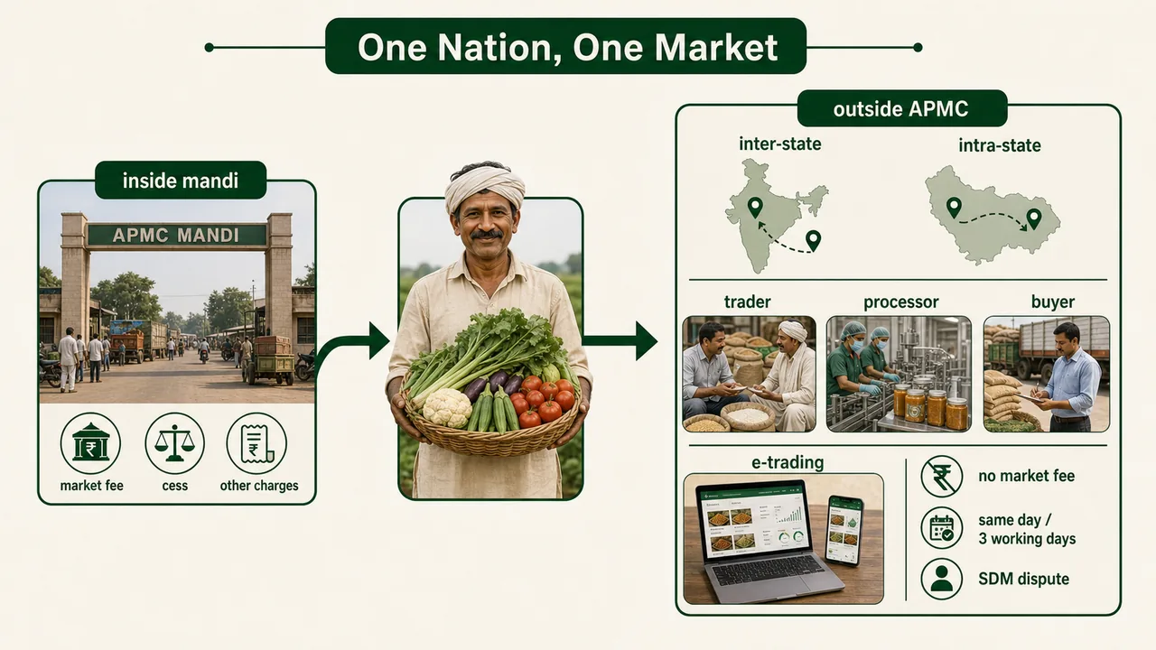 Farmers Produce Trade and Commerce Act 2020 showing trade outside APMC, interstate and intrastate movement, e-trading, and no market fee