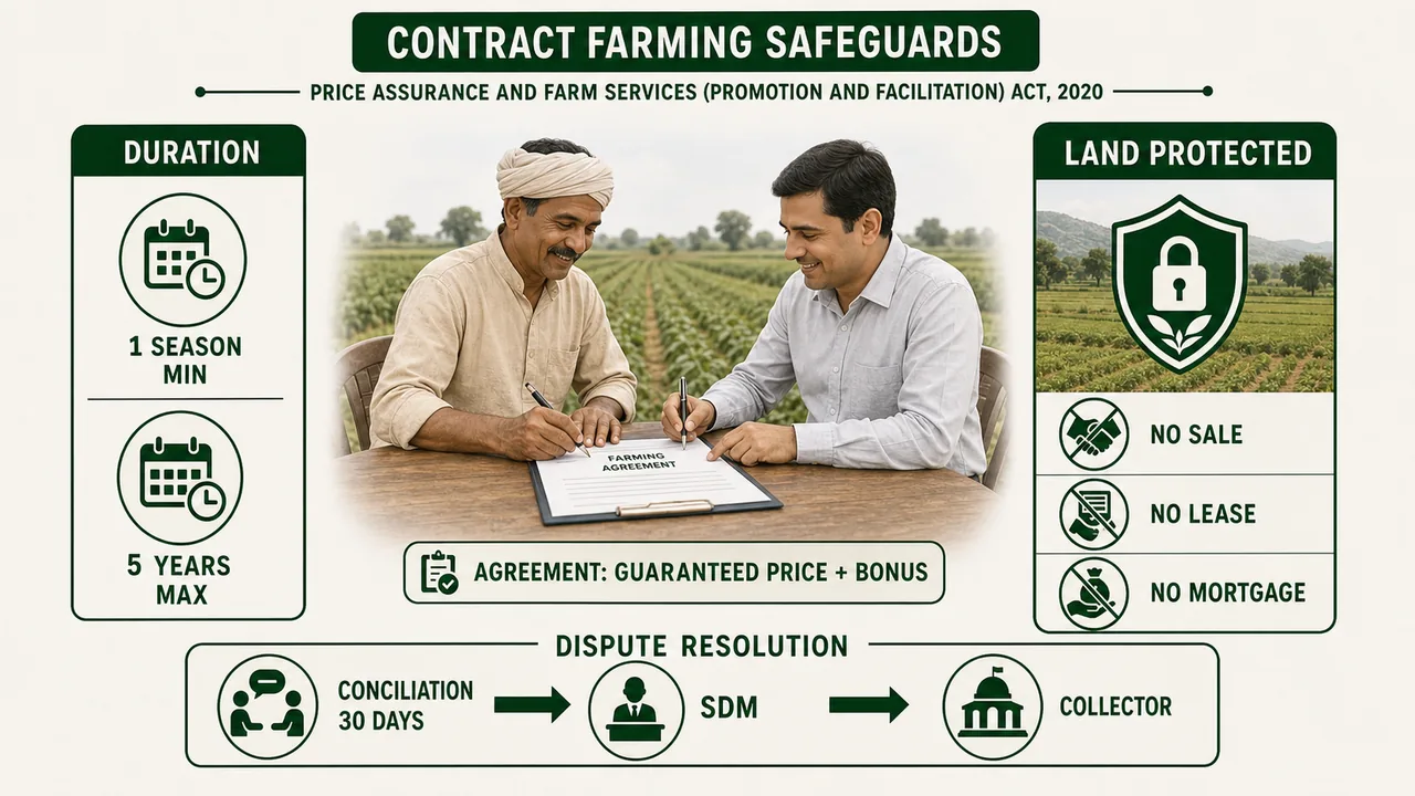 Contract farming law 2020 showing agreement duration, guaranteed price, land protection, and the dispute resolution chain
