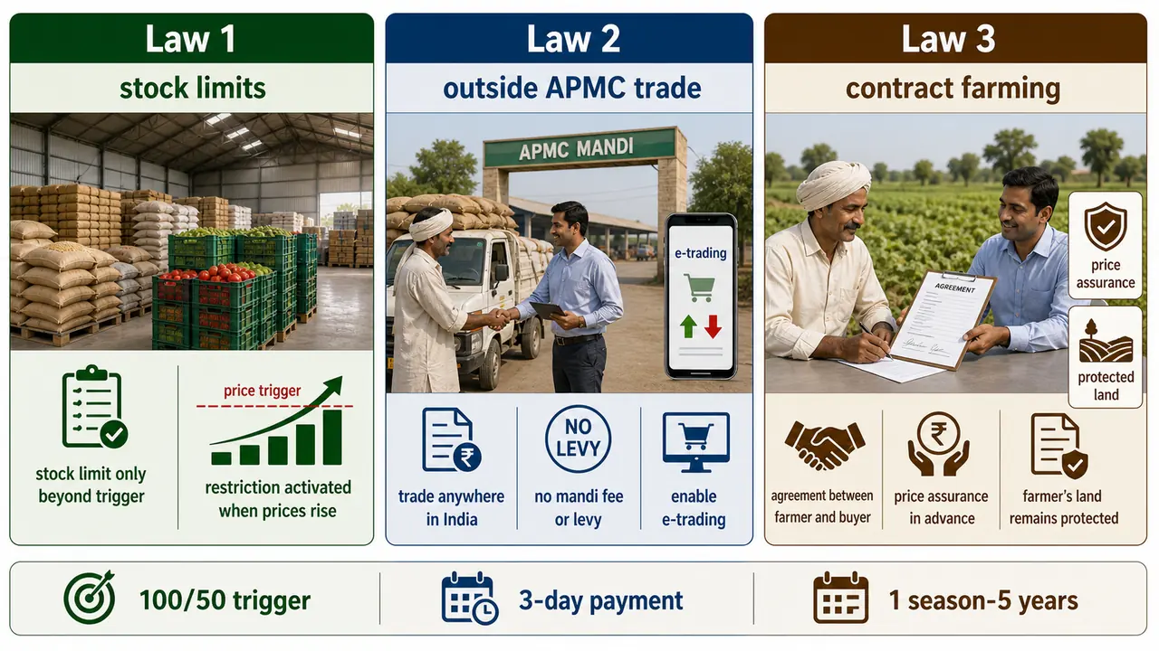 Comparison board for the three farm laws showing stock-limit reform, outside APMC trade, and contract farming with key exam hooks