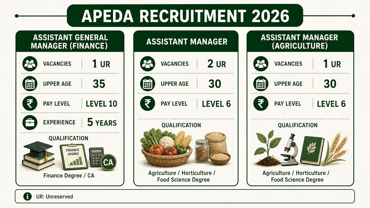 APEDA Recruitment 2026 comparing vacancies, upper age, pay level, and qualification for AGM Finance, Assistant Manager, and Assistant Manager Agriculture