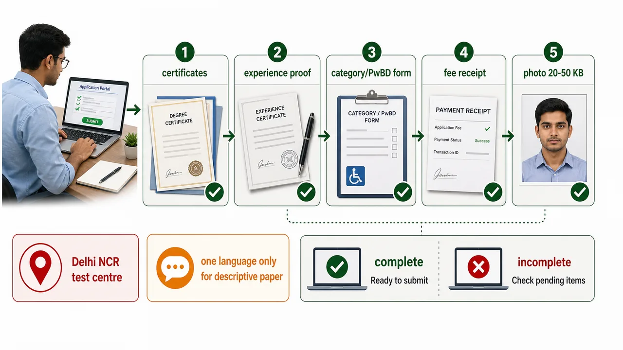 APEDA Recruitment 2026 application compliance checklist showing certificates, experience proof, category or disability form, fee receipt, photo size, and key exam warnings