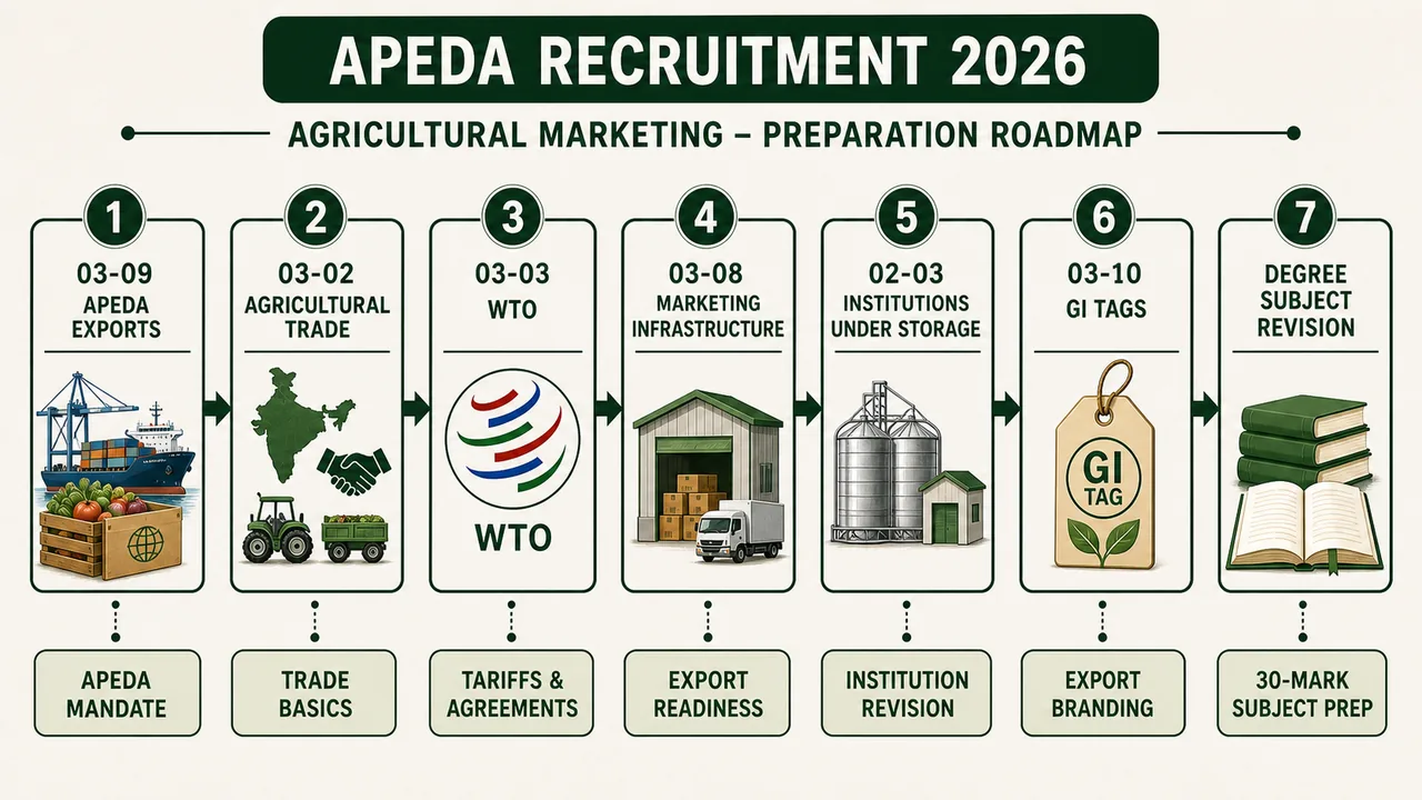APEDA Recruitment 2026 preparation roadmap across the shared Agricultural Marketing lessons from APEDA exports to degree subject revision