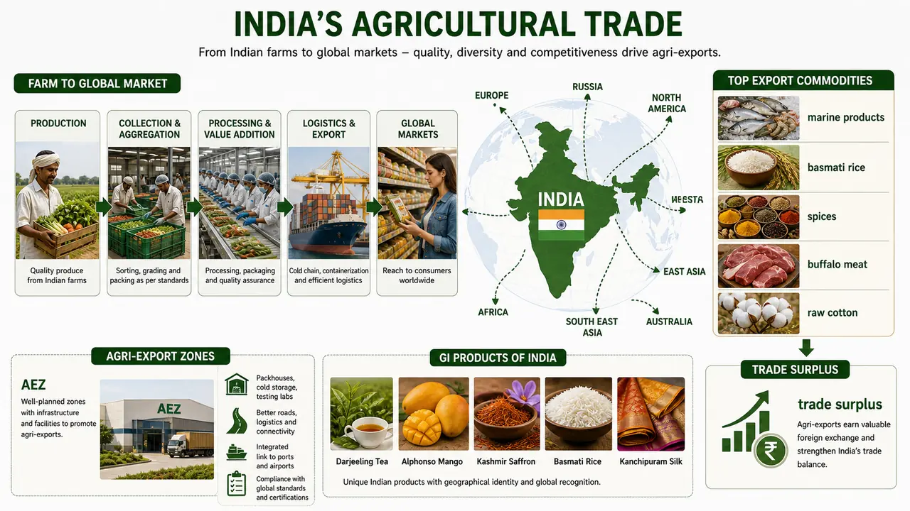 India's agricultural trade showing farm to global market flow, agri-export zones, and top export commodities