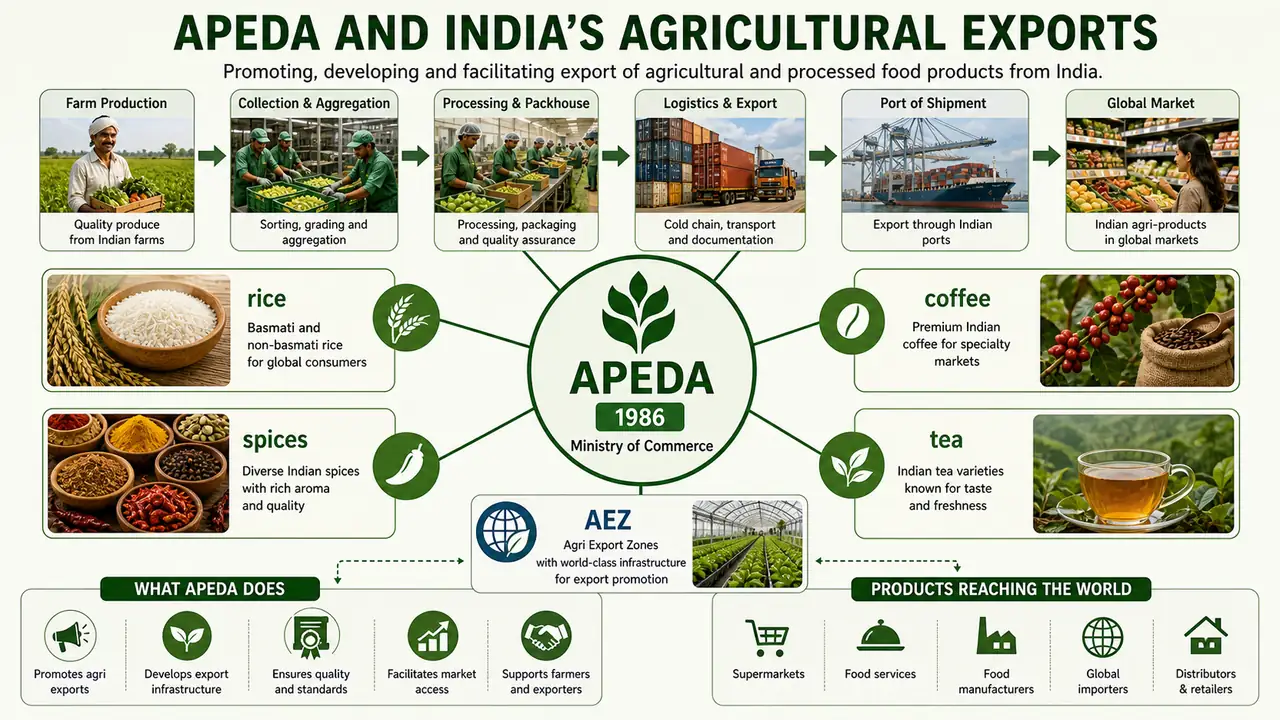 APEDA and India's agricultural exports showing export pipeline, AEZ, and major export commodity groups