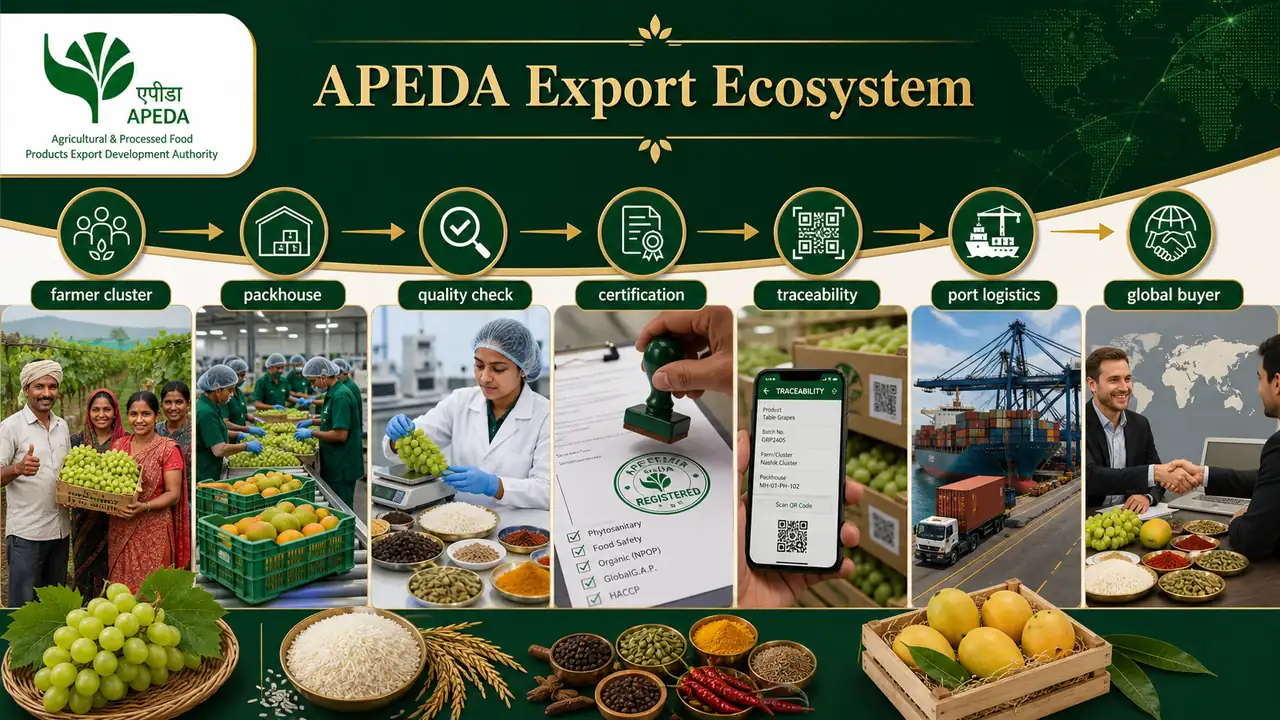 APEDA export ecosystem showing farmer cluster, packhouse, quality check, certification, traceability, port logistics and global buyer flow