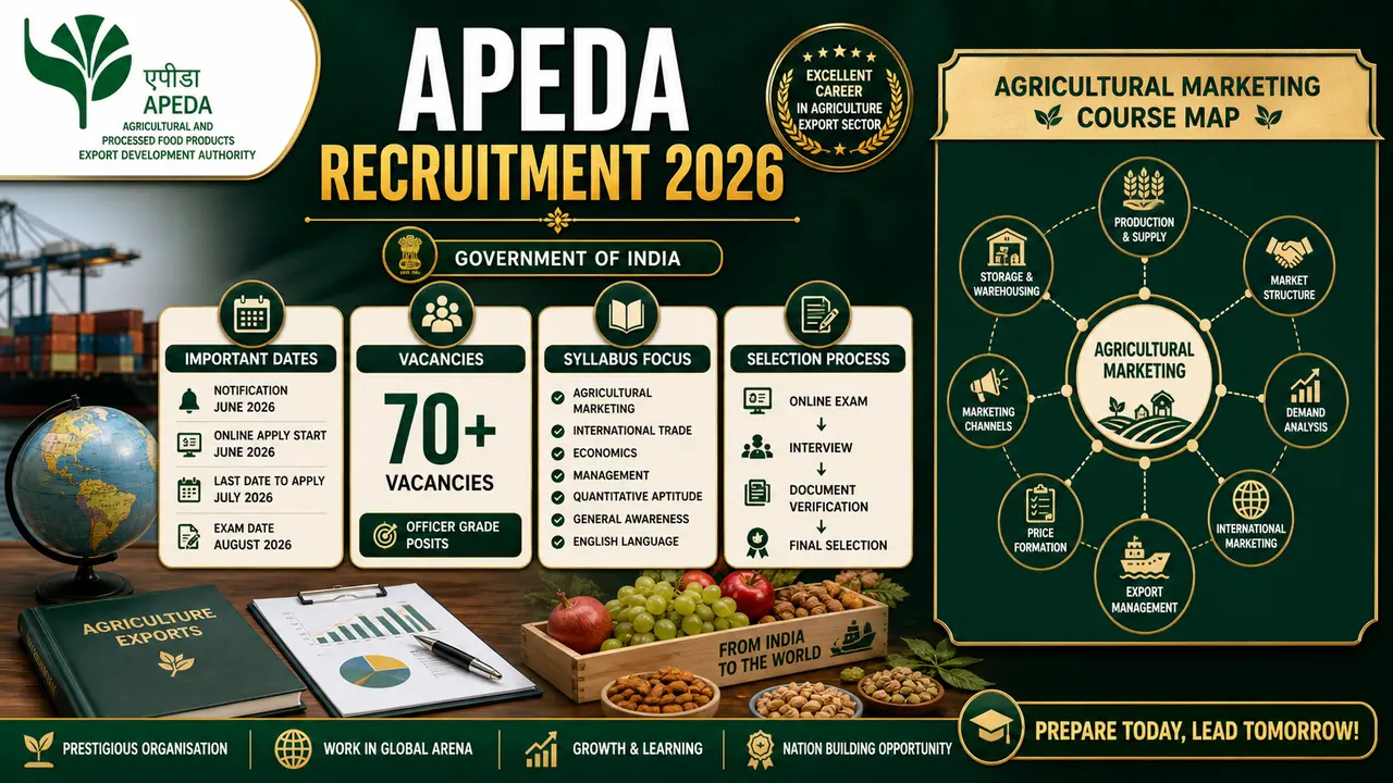 APEDA recruitment 2026 overview thumbnail with recruitment title, syllabus focus panels, and agricultural marketing course map
