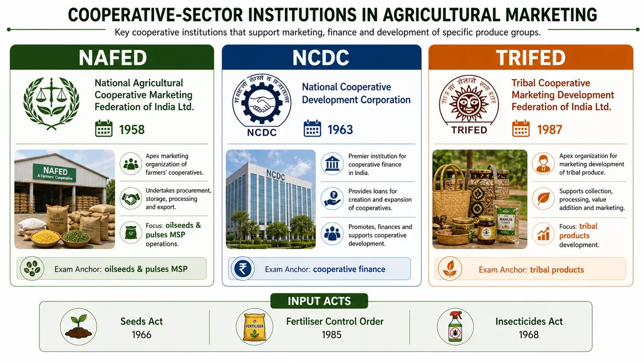 Overview of NAFED, NCDC, TRIFED, and major input acts in agricultural marketing