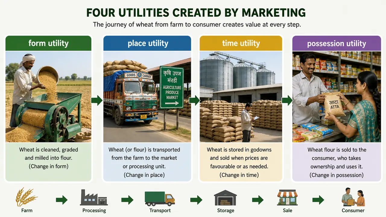 Four utilities created by marketing: form, place, time, and possession utility in an agricultural supply chain