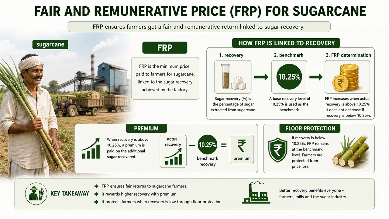FRP for sugarcane showing recovery-linked pricing, 10.25 percent base recovery, premium, and floor protection