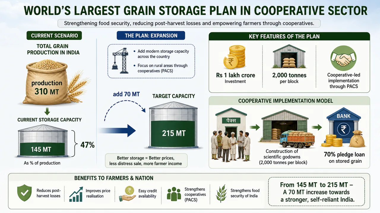 World's largest grain storage plan in cooperative sector showing current capacity, target expansion, PACS role, and farmer benefits