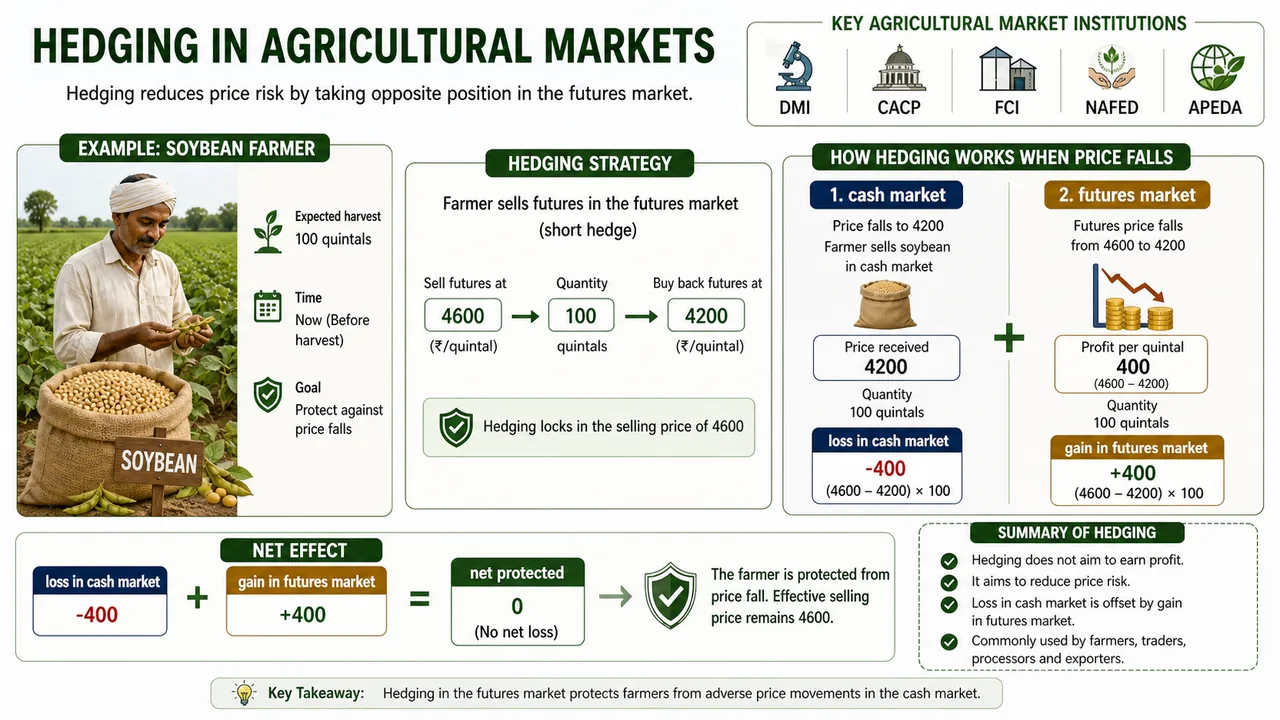 Hedging in agricultural markets showing soybean farmer, cash market, futures market, and risk offset logic
