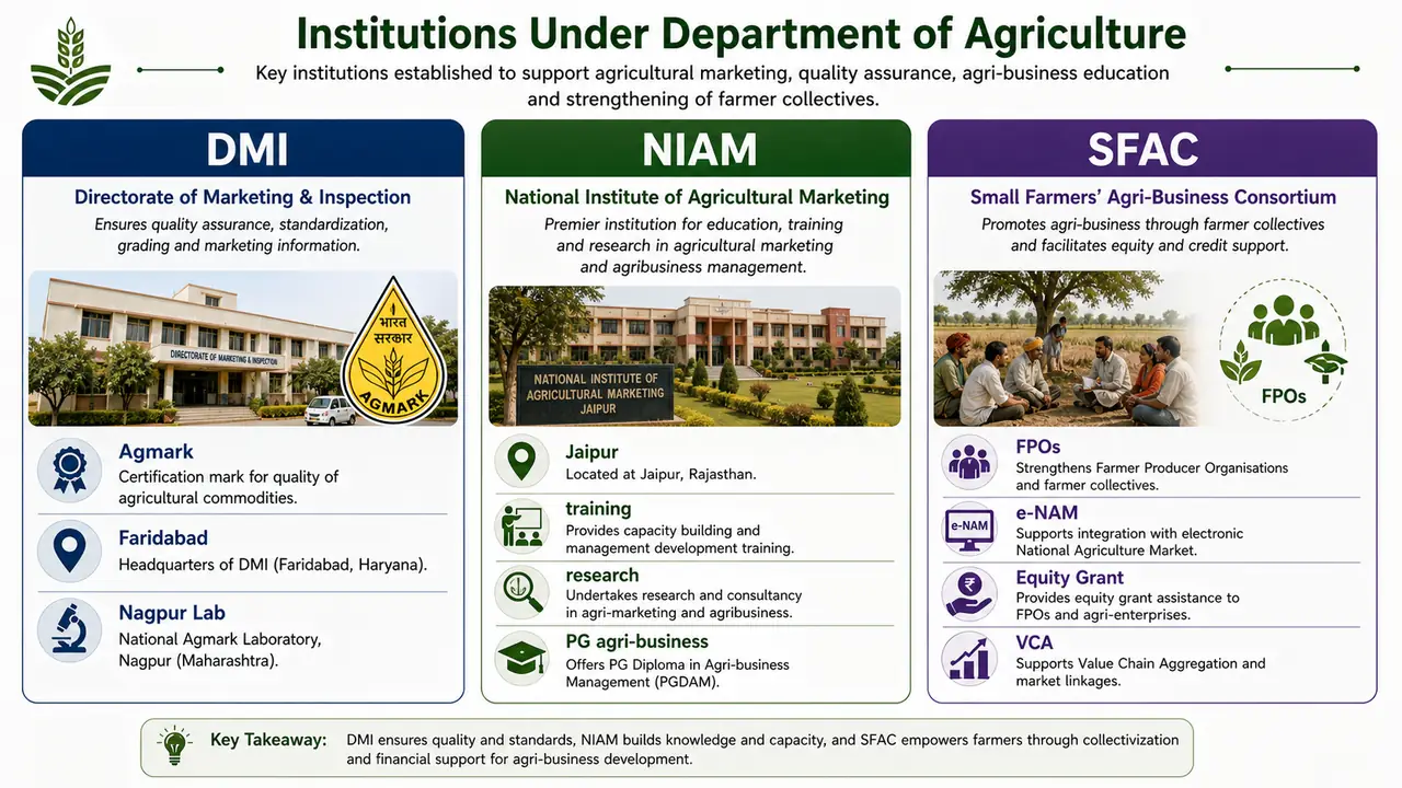 Overview of DMI, NIAM, and SFAC under the Department of Agriculture with their major functions and exam anchors