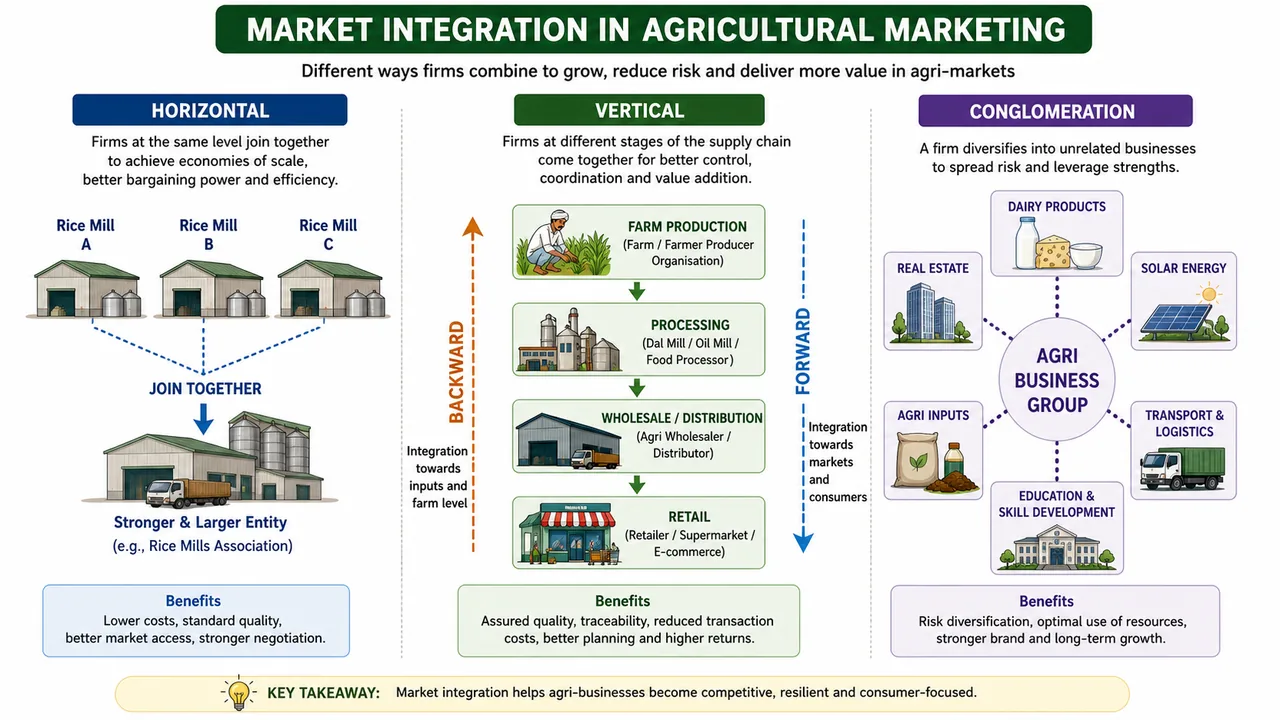 Annotated diagram explaining horizontal integration, vertical integration, and conglomeration in agricultural marketing