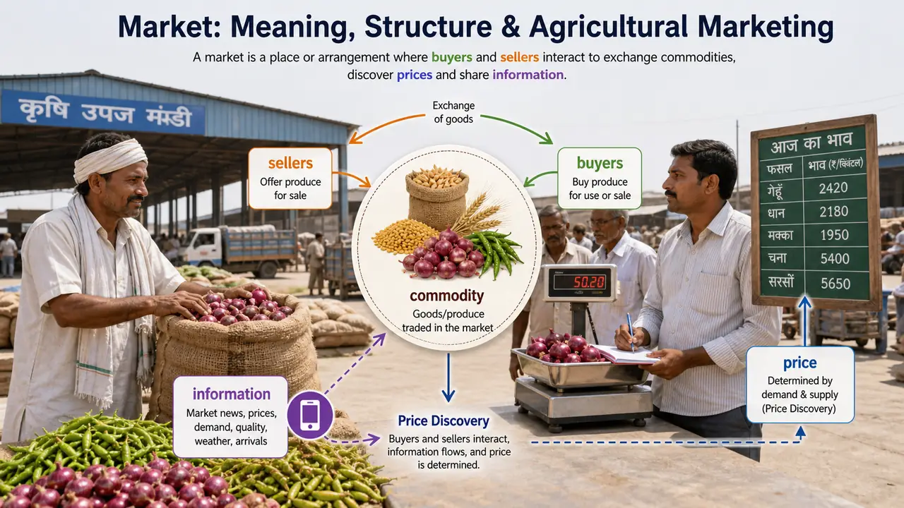 Agricultural market concept showing commodity, buyers, sellers, information, and price discovery in an Indian mandi