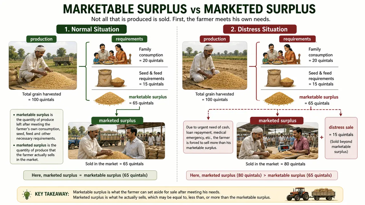 Comparison of marketable surplus and marketed surplus showing normal sale and distress sale in Indian agriculture