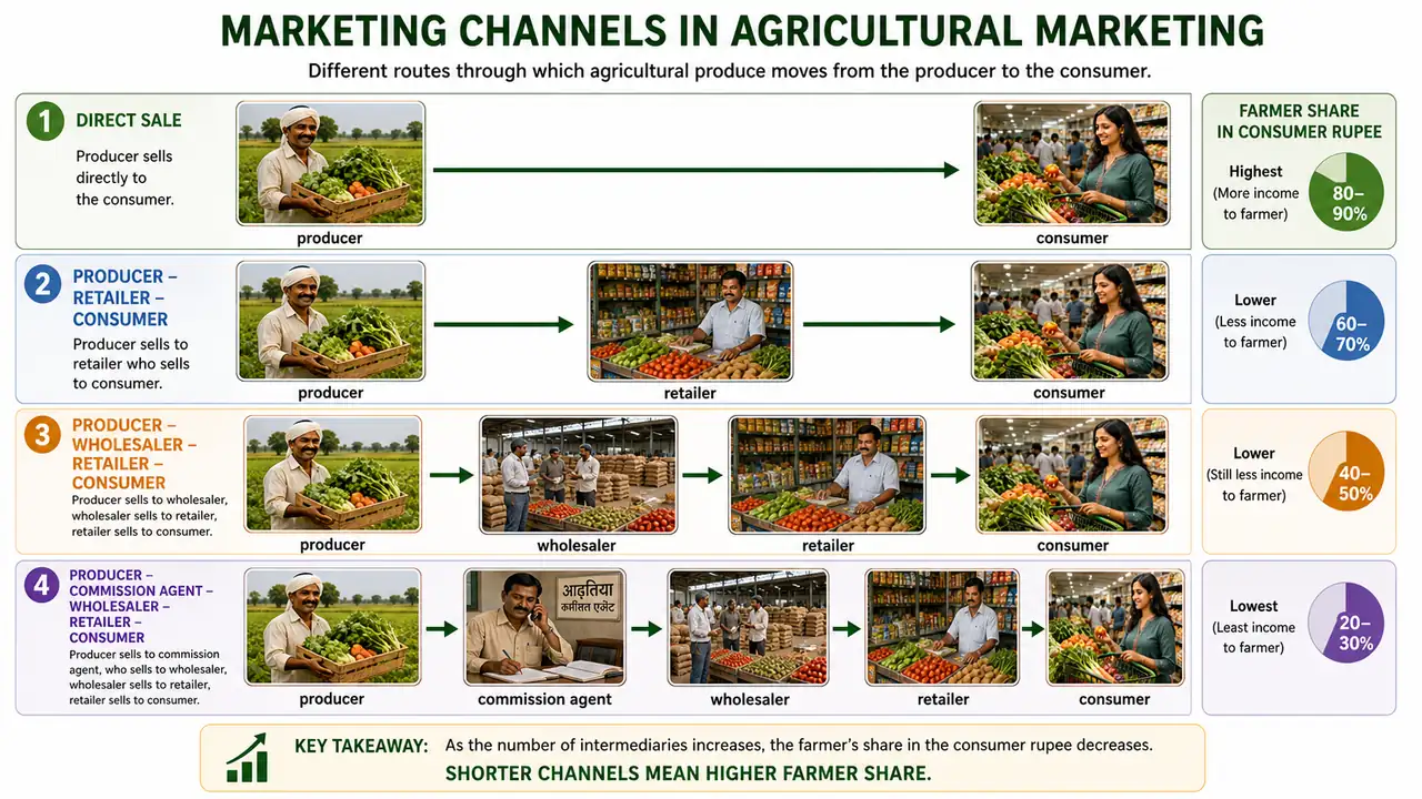 Marketing channels in agricultural marketing from producer to consumer with different numbers of intermediaries