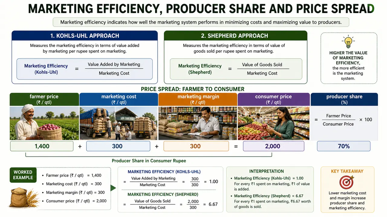 Marketing efficiency, producer share, and price spread explained with Kohls-Uhl and Shepherd formulas