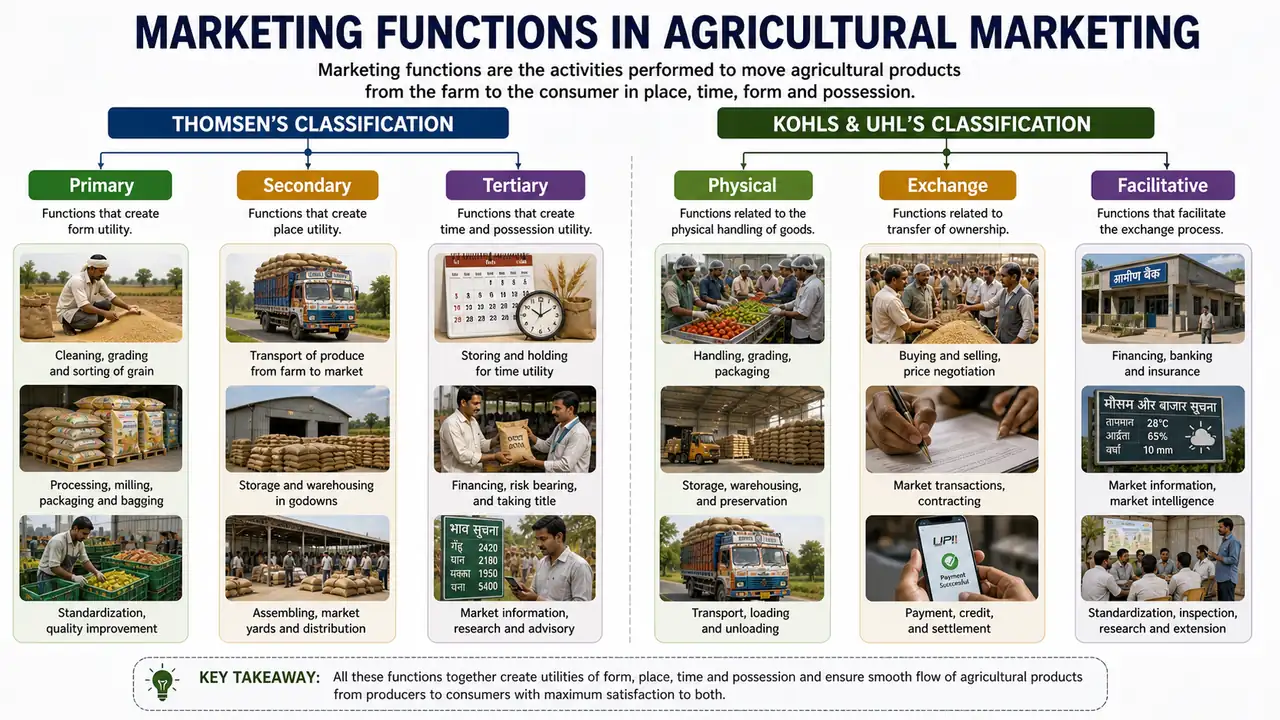 Three major classification systems of agricultural marketing functions with labeled physical, exchange, facilitative, primary, secondary, tertiary, and management blocks