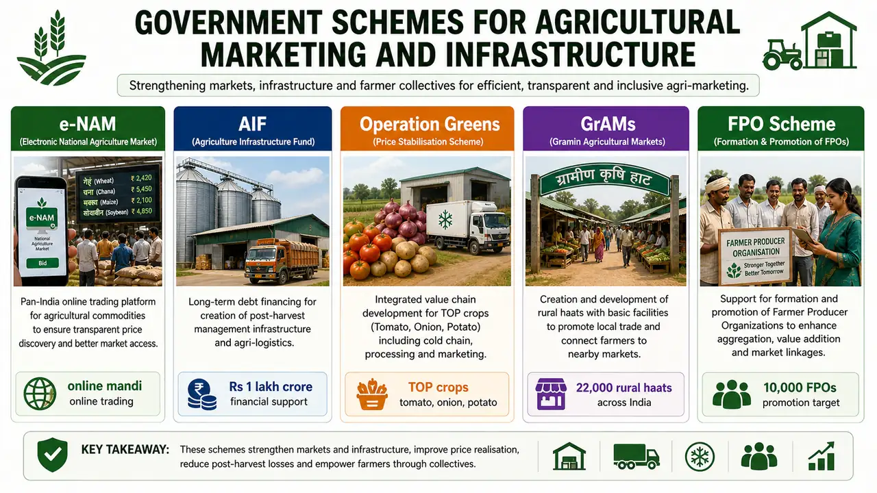 Government schemes for agricultural marketing and infrastructure covering infrastructure finance, perishables support, rural markets, farmer collectives, and warehouse receipts