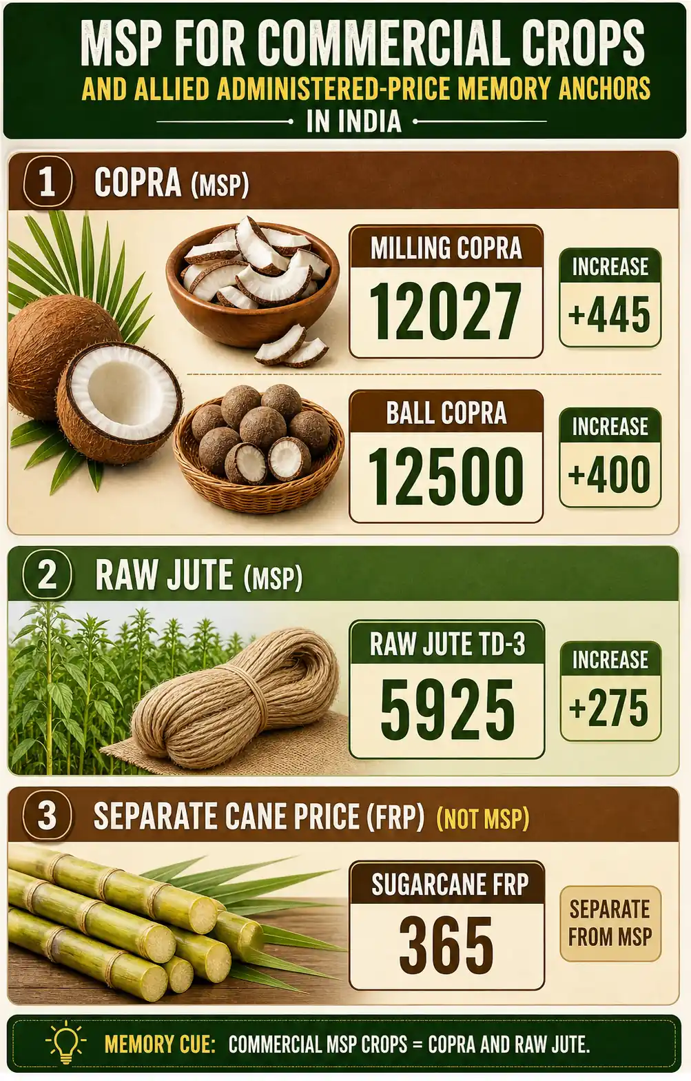 Commercial MSP infographic showing milling copra, ball copra, raw jute, and separate sugarcane FRP memory anchor