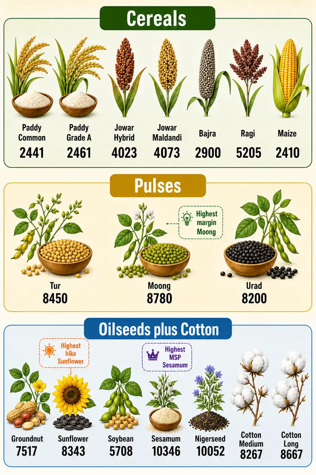 Kharif MSP 2026-27 infographic showing cereals, pulses, oilseeds, and cotton with crop-wise support prices