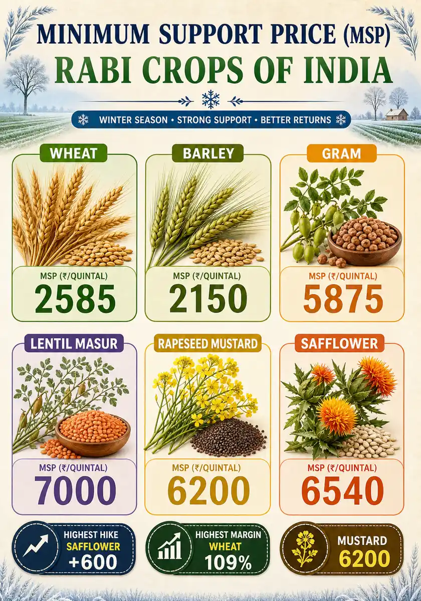 Rabi MSP 2026-27 infographic showing wheat, barley, gram, lentil, rapeseed and mustard, and safflower with crop-wise prices