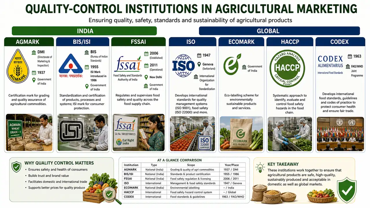 Comparative overview of AGMARK, BIS or ISI, FSSAI, ISO, ECOMARK, HACCP, and CODEX in agricultural marketing