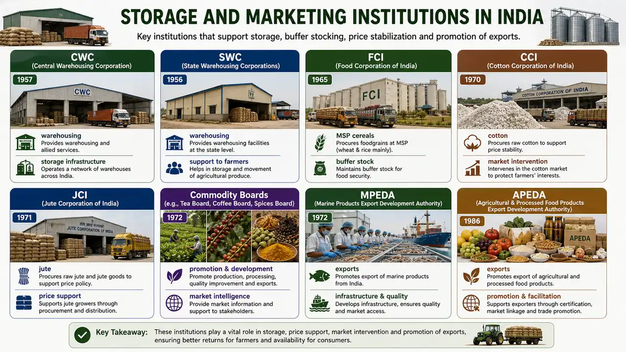 Overview of storage and marketing institutions in India including CWC, SWC, FCI, CCI, JCI, commodity boards, MPEDA, and APEDA