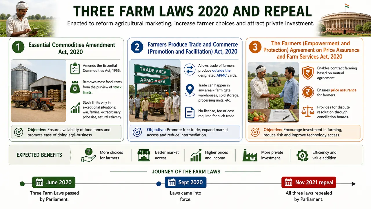 Three farm laws 2020 and repeal showing essential commodities amendment, trade outside APMC, contract farming, and repeal timeline