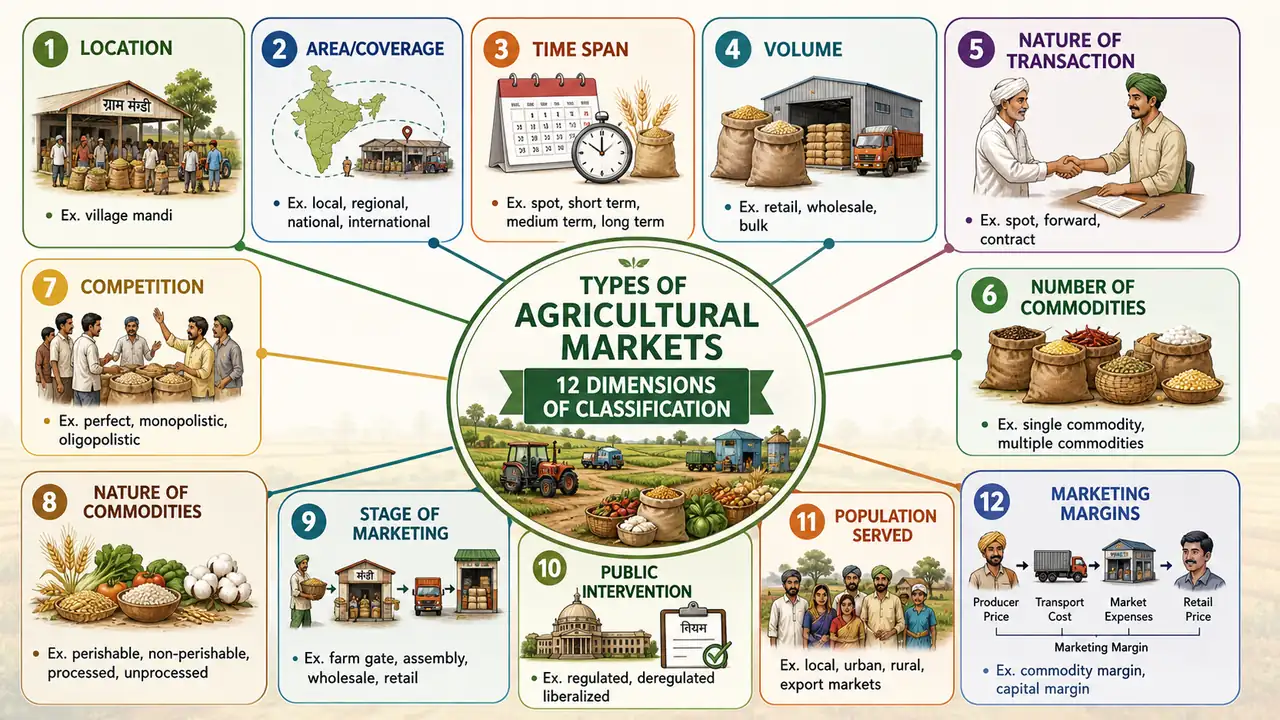 Annotated infographic showing 12 dimensions used to classify agricultural markets