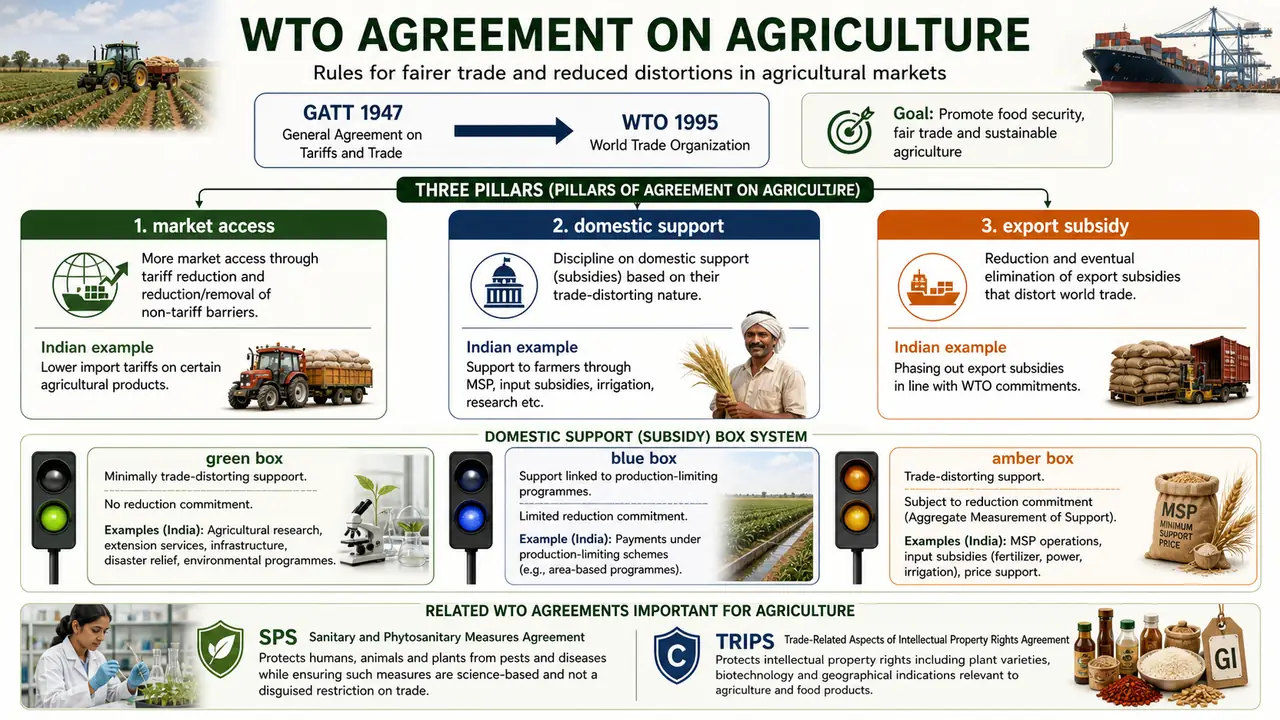 WTO Agreement on Agriculture showing GATT to WTO transition, three pillars, subsidy boxes, SPS, and TRIPS