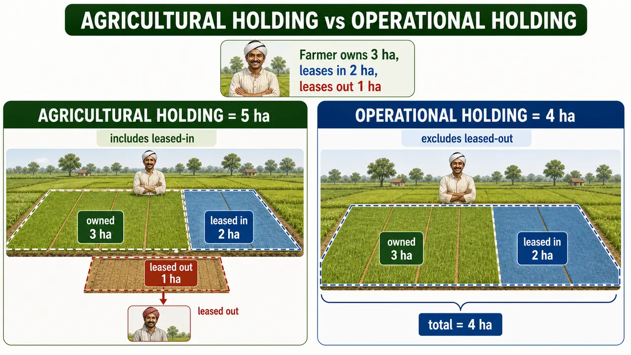 Agricultural holding versus operational holding in farm management showing owned land, leased-in land, and leased-out land