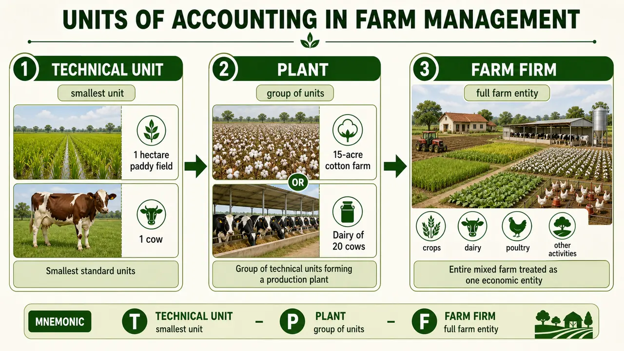 Farm management units of accounting showing technical unit, plant, and farm firm with crop and dairy examples
