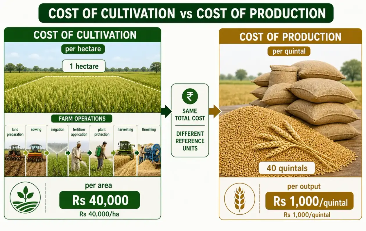 Cost of cultivation versus cost of production in farm management showing per hectare cost and per quintal cost from the same wheat crop