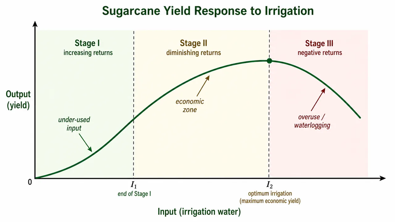 Cubic production function in farm management showing Stage I increasing returns, Stage II diminishing returns, and Stage III negative returns