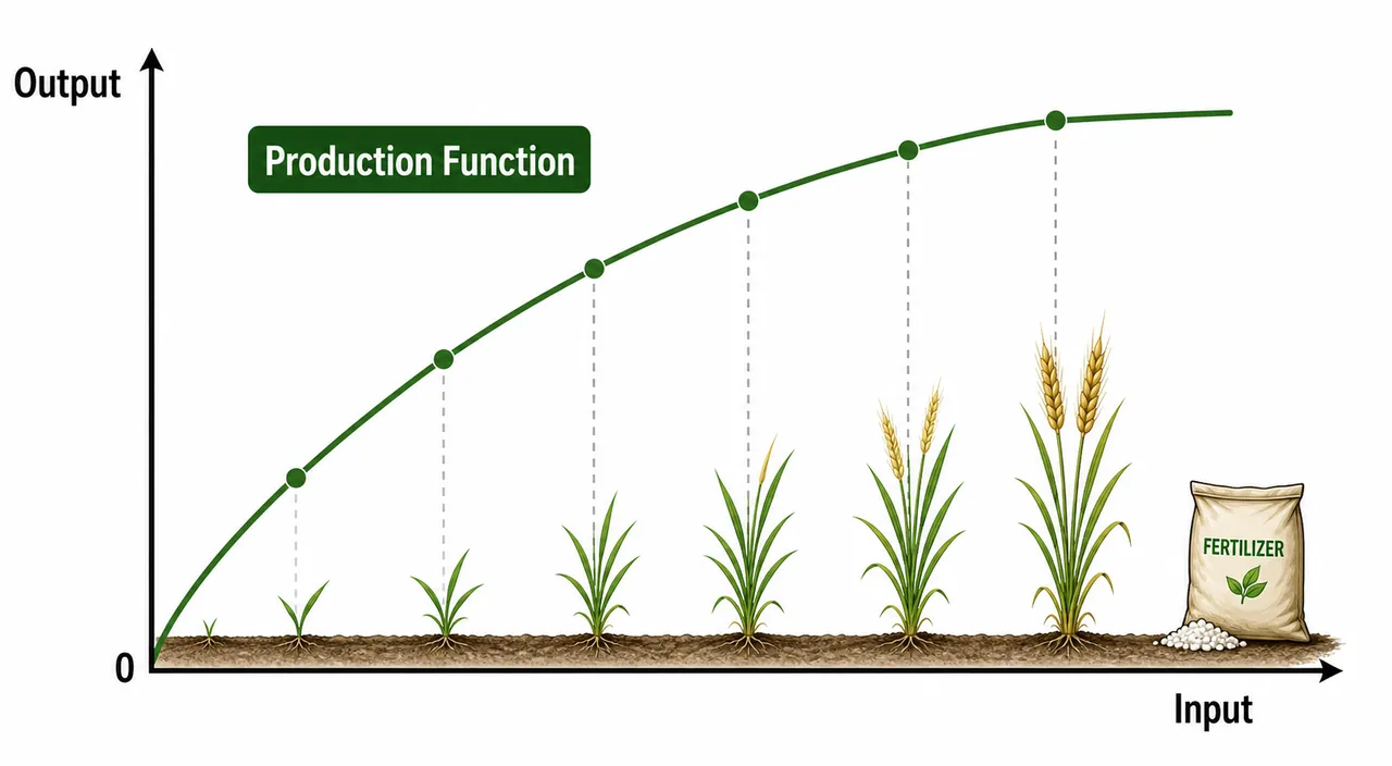 Annotated production function graph showing the technical relationship between farm input and output
