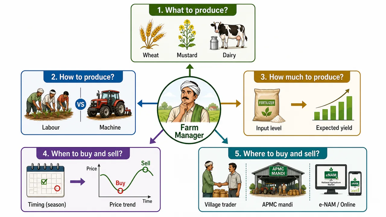 Five basic production problems in farm management showing what to produce, how to produce, how much to produce, when to buy and sell, and where to buy and sell