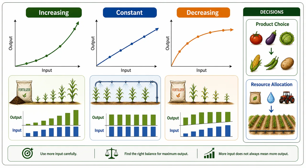 Annotated production economics panel comparing increasing, constant, and decreasing returns with simple input-output curves and farm-response cues