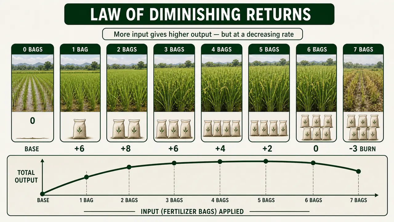 Law of diminishing returns shown through fertilizer bags applied to the same paddy field with gains first rising, then slowing, then turning negative