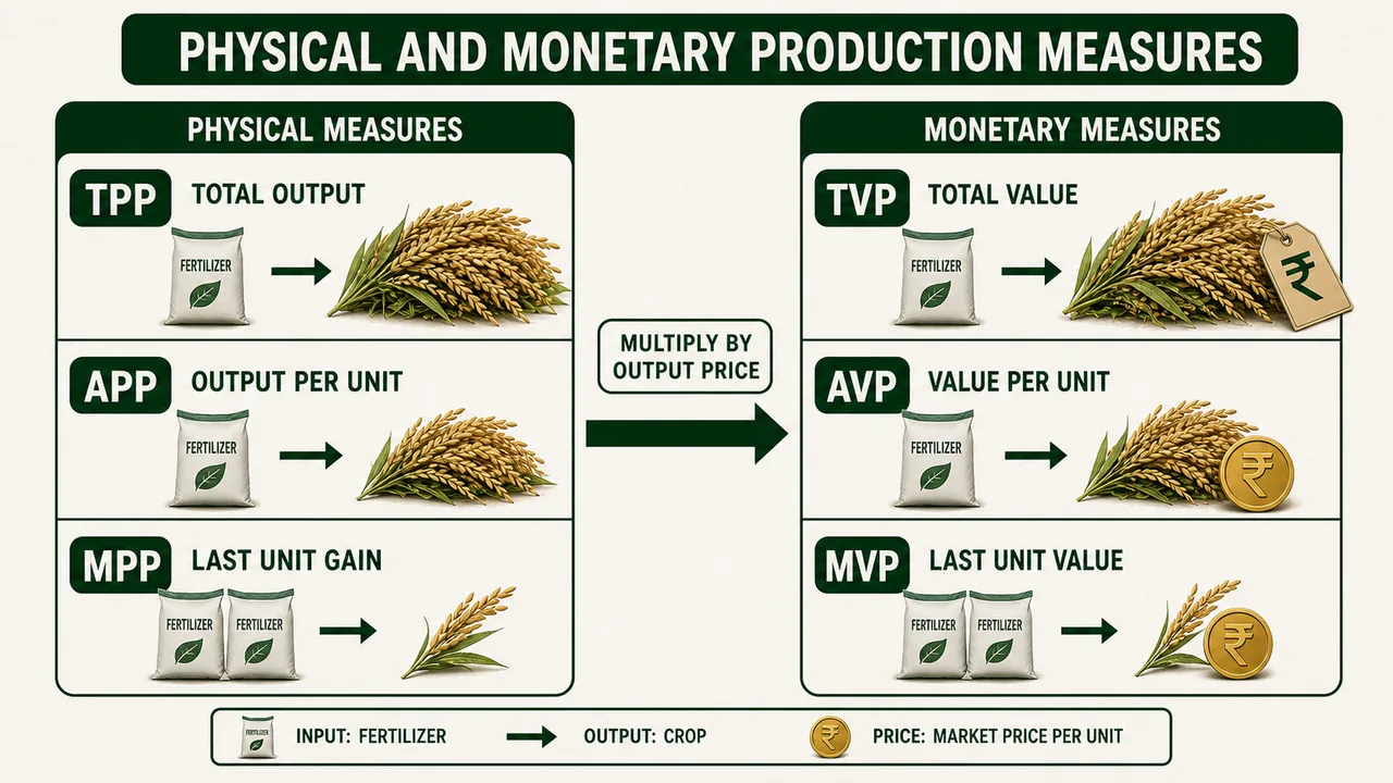 Physical and monetary production measures showing TPP, APP, MPP and their value equivalents TVP, AVP, MVP