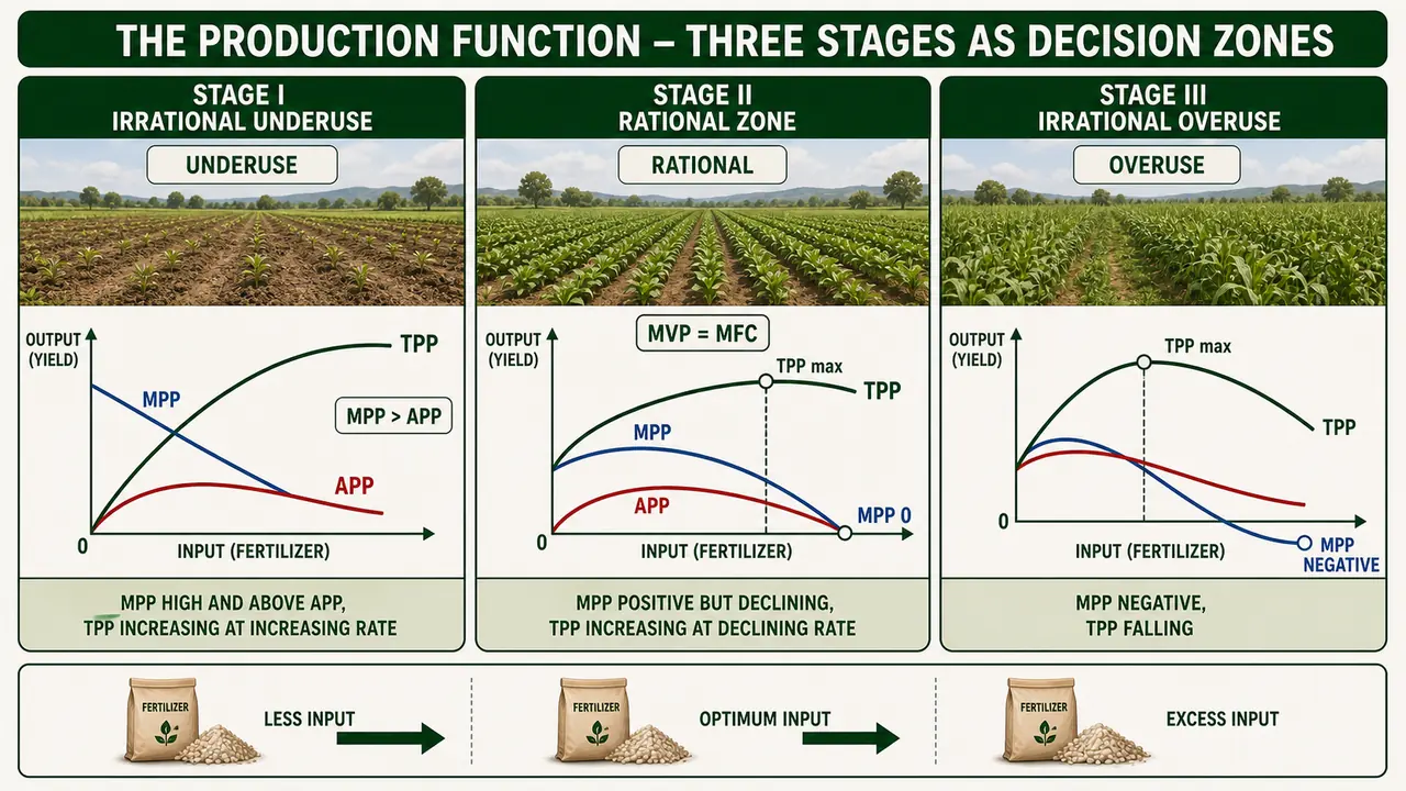 Three stages of the production function showing irrational underuse, rational zone, and irrational overuse with TPP, APP, and MPP behavior