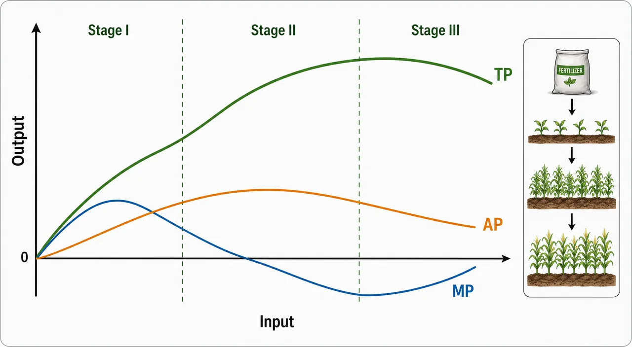 Annotated factor-product relationship graph showing TP, MP, AP, and the three stages of production