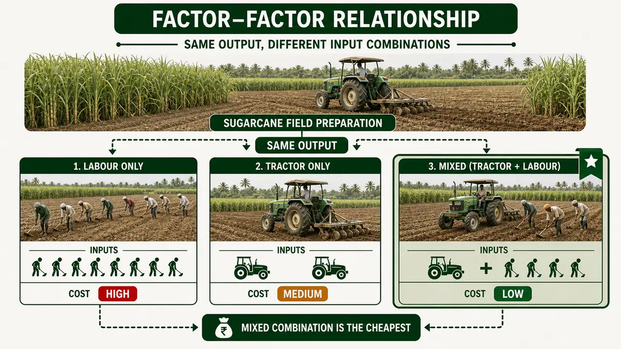 Factor-factor relationship showing labour-only, tractor-only, and mixed input combinations that produce the same output at different costs
