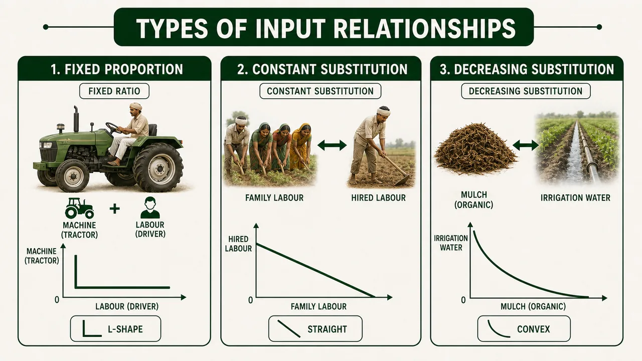 Types of input relationships showing fixed proportion, constant substitution, and decreasing substitution with their characteristic shapes